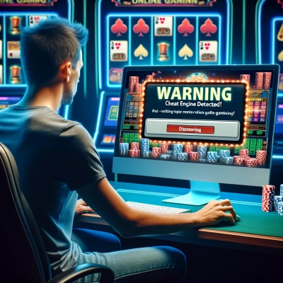 Representando uma pessoa em frente a uma tela de computador com uma mensagem de alerta indicando a detecção de um Cheat Engine em um cassino online