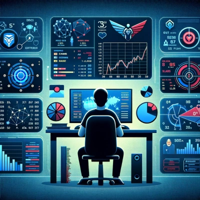 uma pessoa analisando estatísticas e informações sobre diferentes jogos e equipes de e-sports