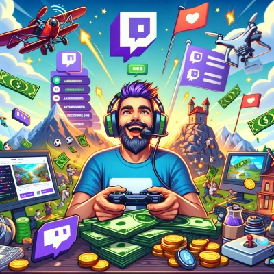 um streamer de videojogos transmitindo no Twitch, interagindo com fãs e ganhando dinheiro com publicidade