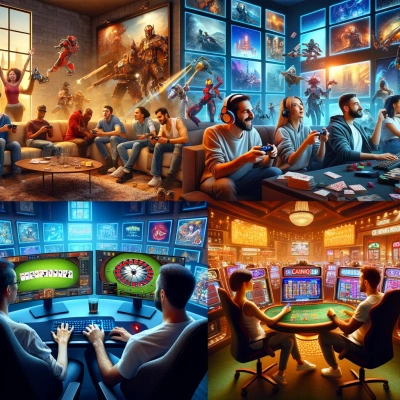 4 imagens de diferentes situações entre videojogos e jogos de cassino online